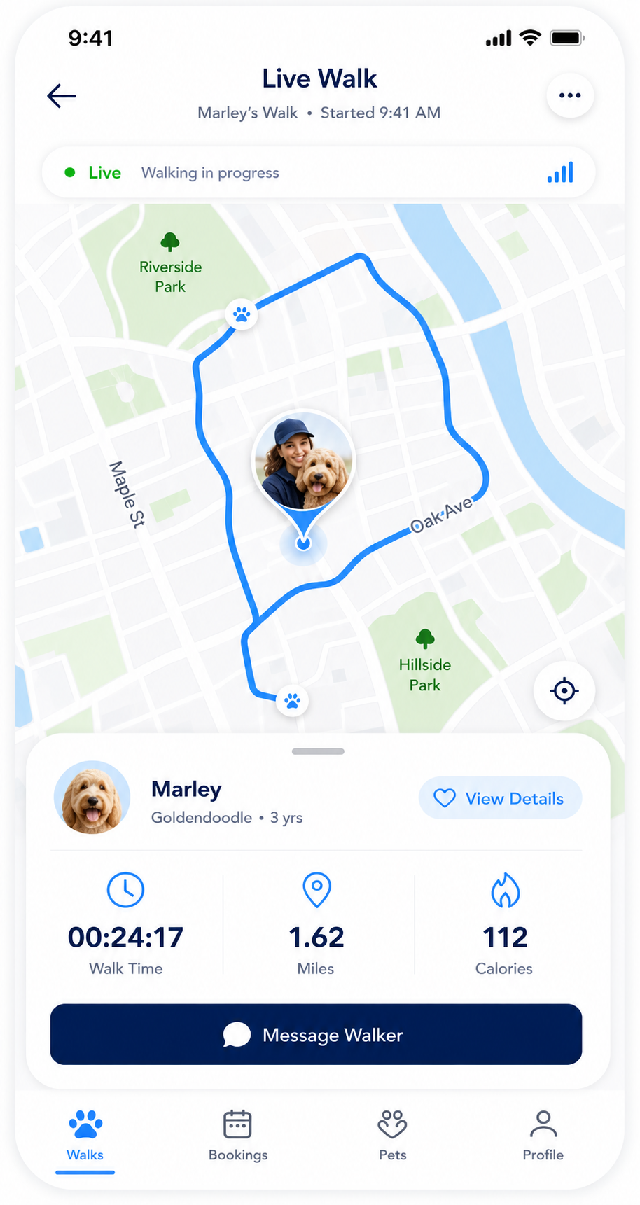 Pampered Puppies live walk tracking screen