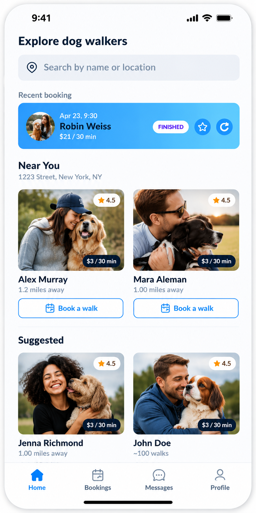 Pampered Puppies app screen for exploring dog walkers
